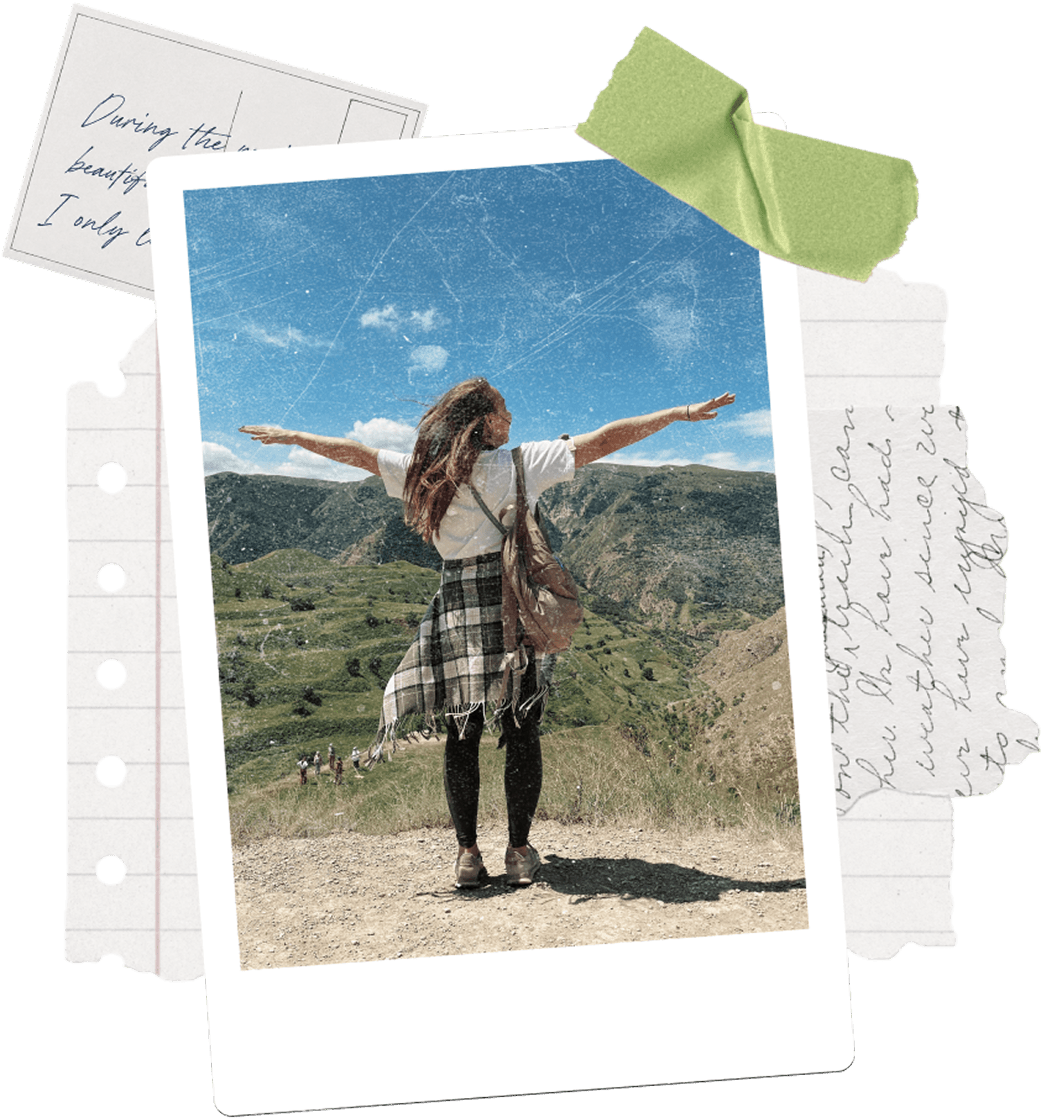 A polaroid of a traveller with her arms outstretched, taped over torn notebook pages